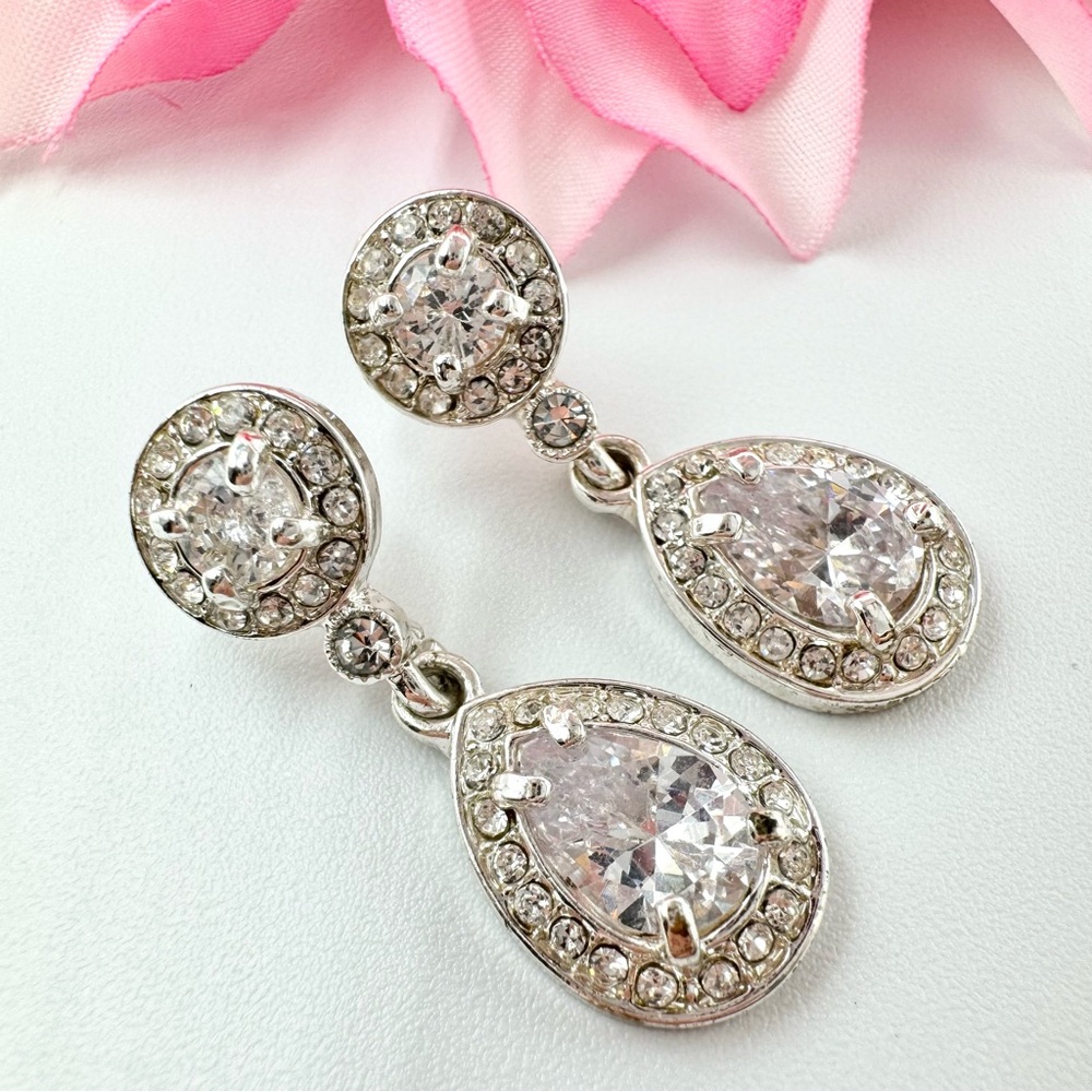 Clear Pear Cubic Zirconia CZ Halo Drop Dangle Earrings Regencycore Princesscore